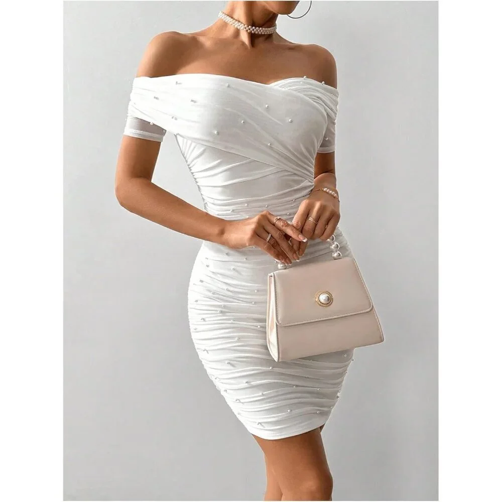 Womens Pearl Beaded Off Shoulder Short Sleeve Bodycon Party White Dress - Picture 3 of 6